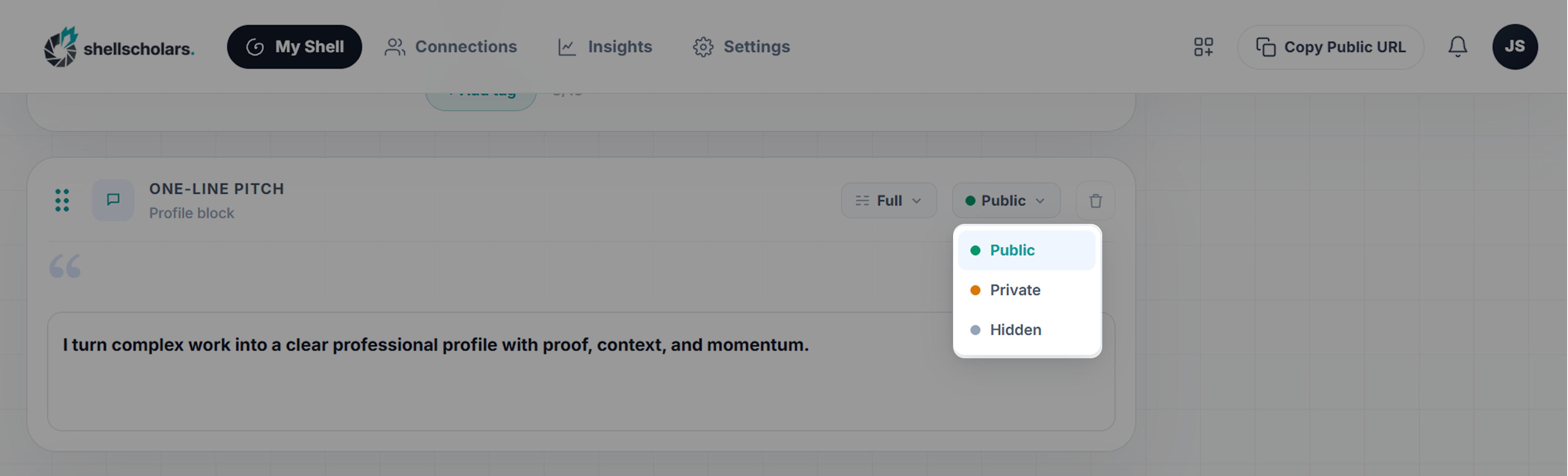 Block visibility dropdown with Public, Private, and Hidden options. Save screenshot to public/images/help/block-visibility-dropdown.png
