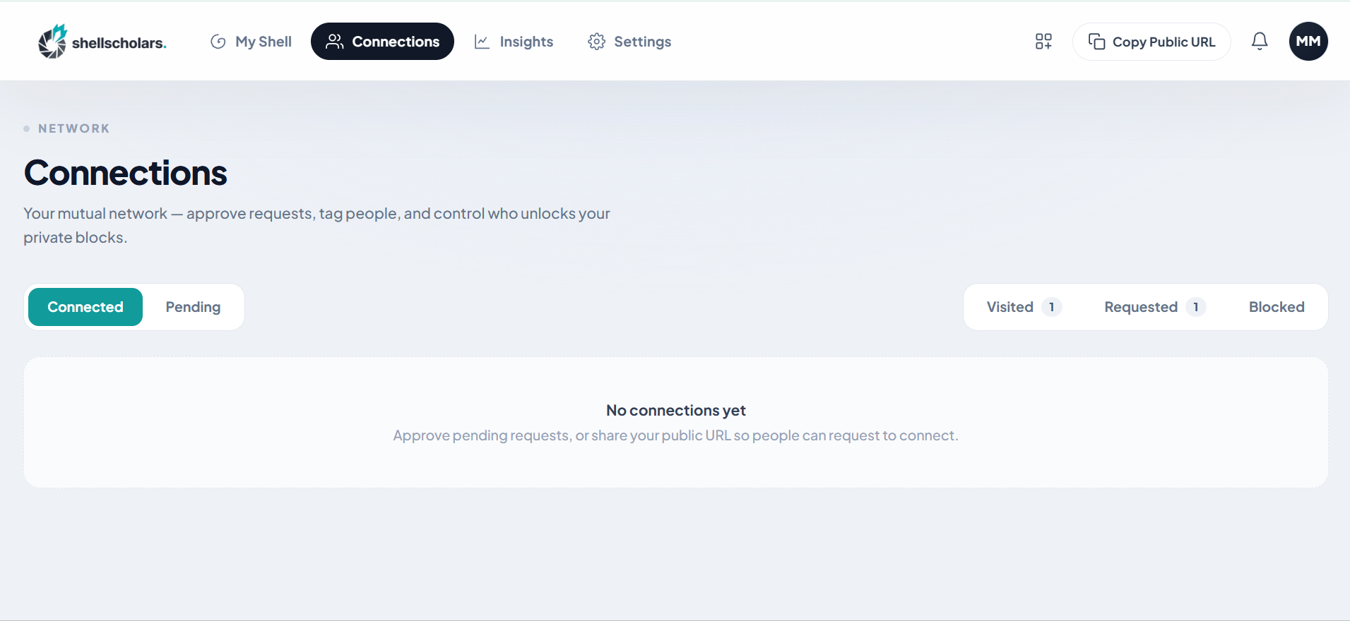 Connections Pending tab with Approve, Reject, and Block actions for an incoming request. Save screenshot to public/images/help/connections-pending-tab.png