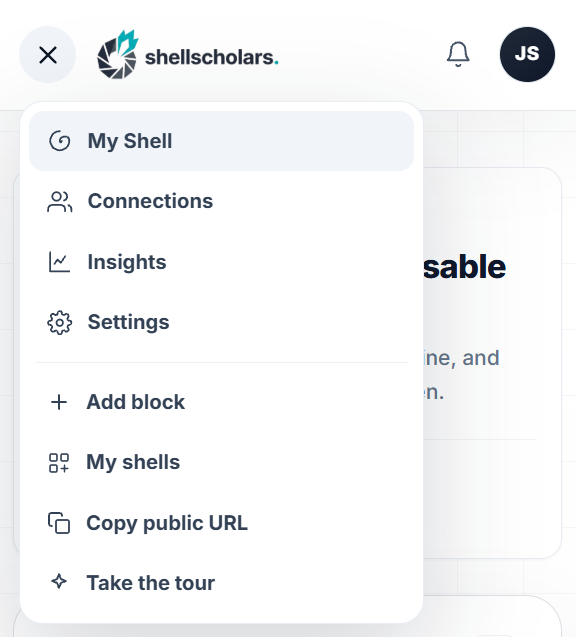 ShellScholars editor mobile hamburger menu with Add Block, Copy public URL, and Take the tour. Save screenshot to public/images/help/editor-mobile-menu.png