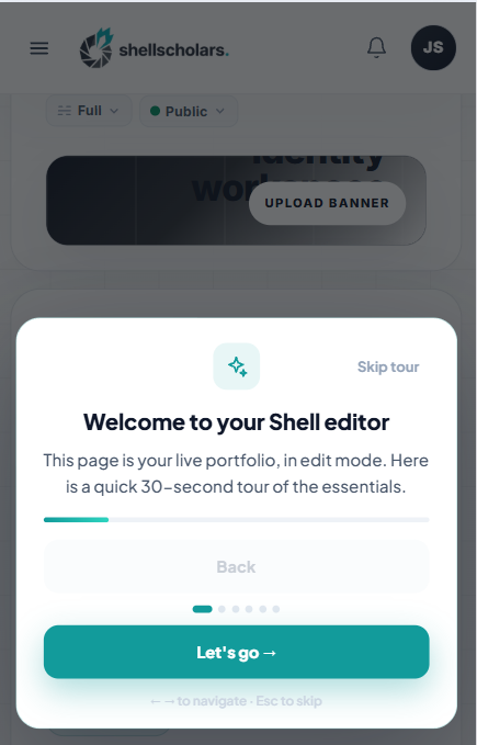 ShellScholars guided tour tooltip spotlighting an editor control. Save screenshot to public/images/help/guided-tour.png