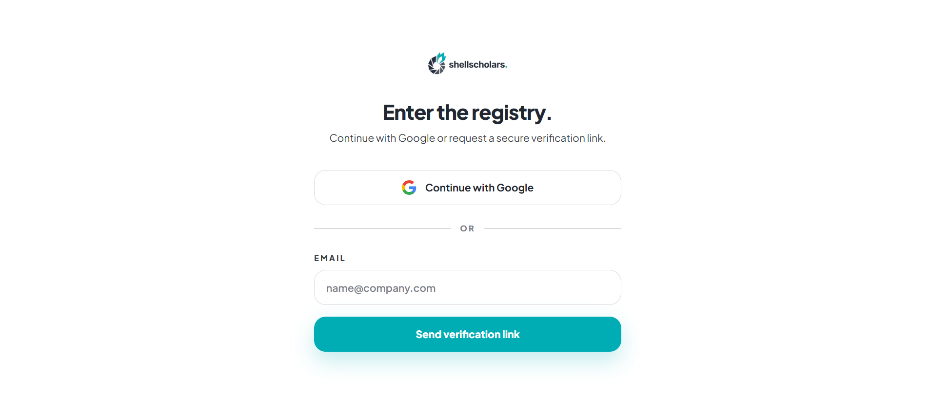 ShellScholars login screen with Continue with Google and email magic link options. Save screenshot to public/images/help/login-google-email.png