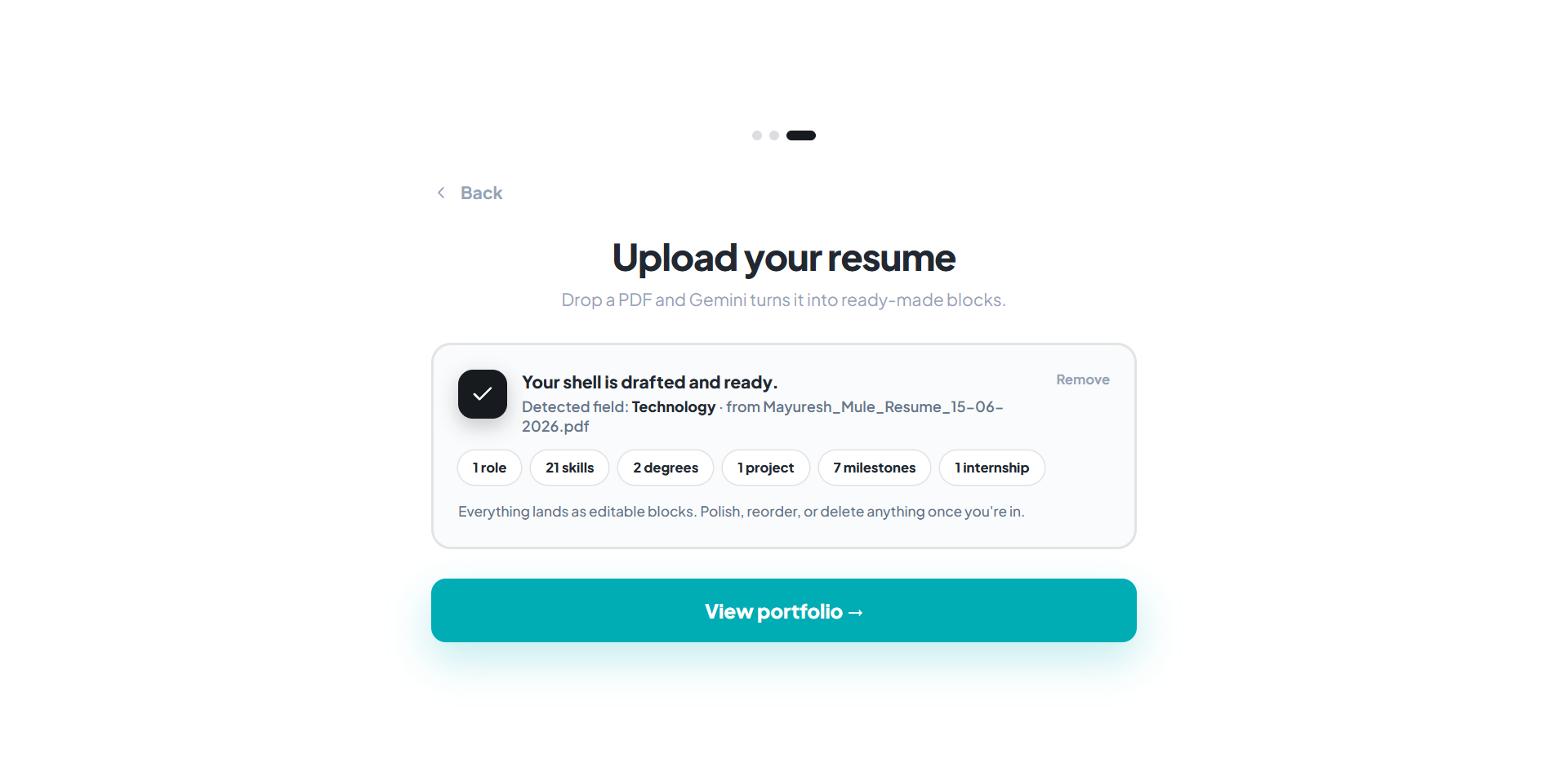 Onboarding resume upload path with drag and drop dropzone and AI parsing status. Save screenshot to public/images/help/onboarding-step-2-resume-upload.png