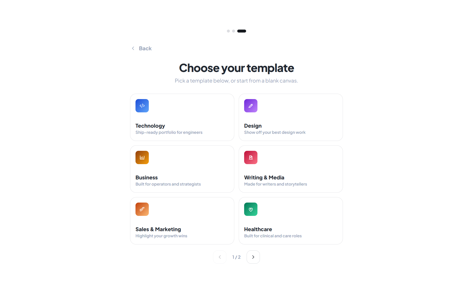 Onboarding template gallery with discipline cards for Technology, Design, Business, and Create your own. Save screenshot to public/images/help/onboarding-step-2-template-gallery.png