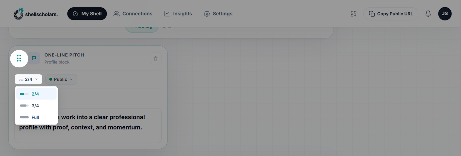 Profile blocks roster rail card listing every block with visibility dot and width. Save screenshot to public/images/help/profile-blocks-roster.png