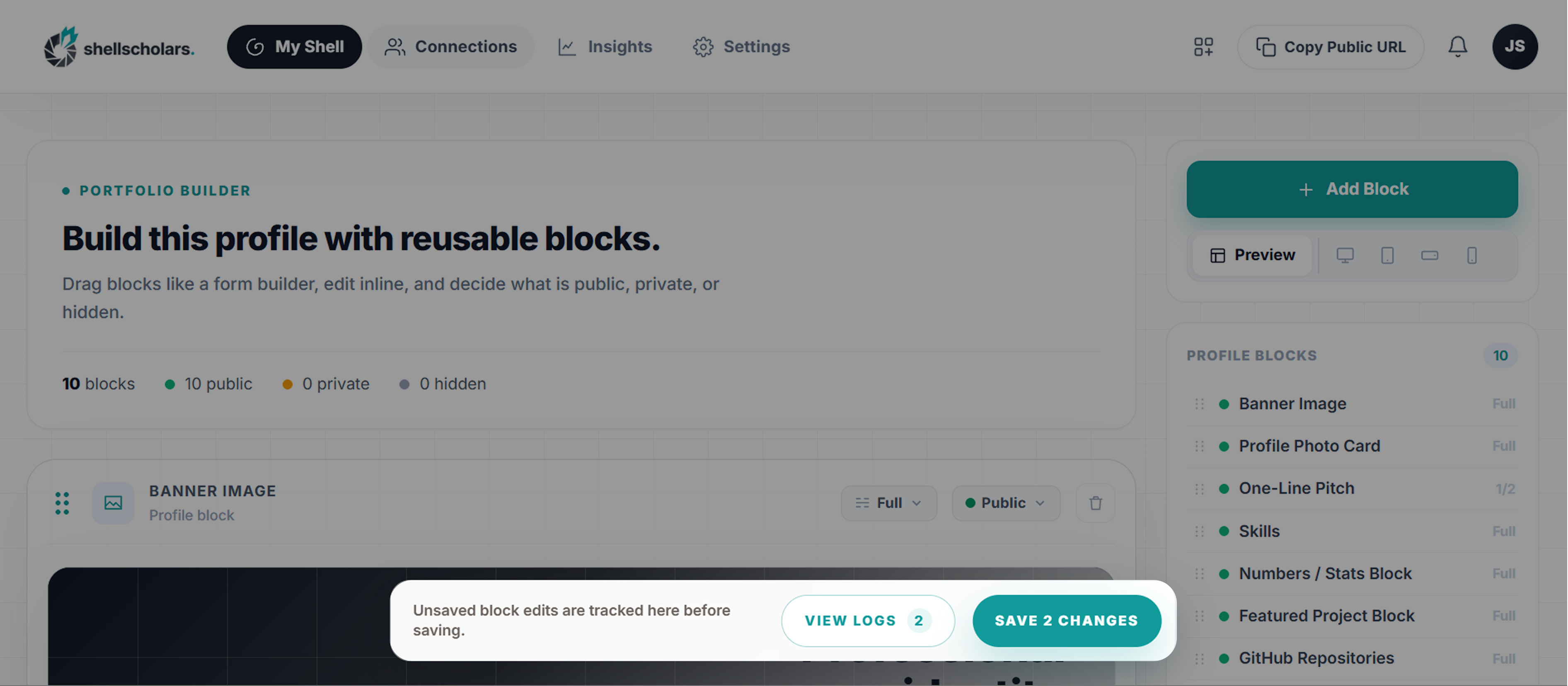 Editor save bar with View logs and Save changes buttons. Save screenshot to public/images/help/save-bar-change-log.png